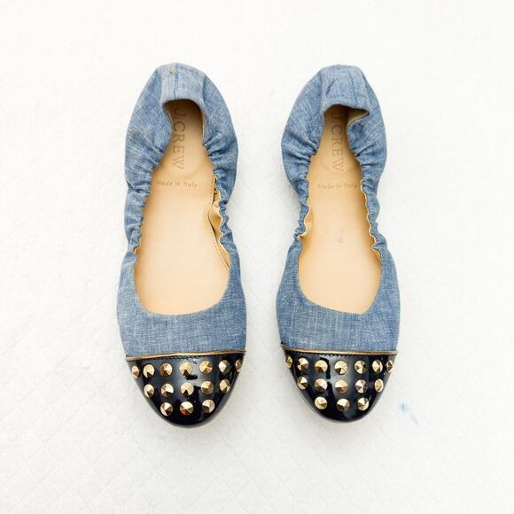 J. Crew Denim Black Toe Box Silver Studded Ballet Flats Round Toe Size 6 Italy - Picture 1 of 5